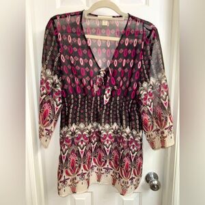 Coldwater Creek Sheer Black and Pink 3/4 Sleeve Tie Front Tunic with Flaws, M